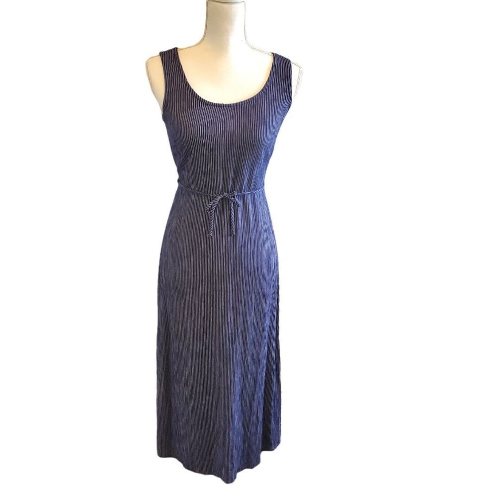 Vintage 90s Blue Maxi Dress Sleeveless Pinafore Side‎ Slit tie Waist Pinstripe